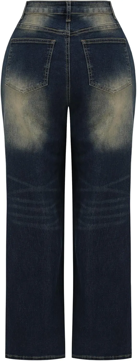 THUNDER STAR Womens High Waisted Wide Leg Jeans Stretchy Distressed Denim Pants