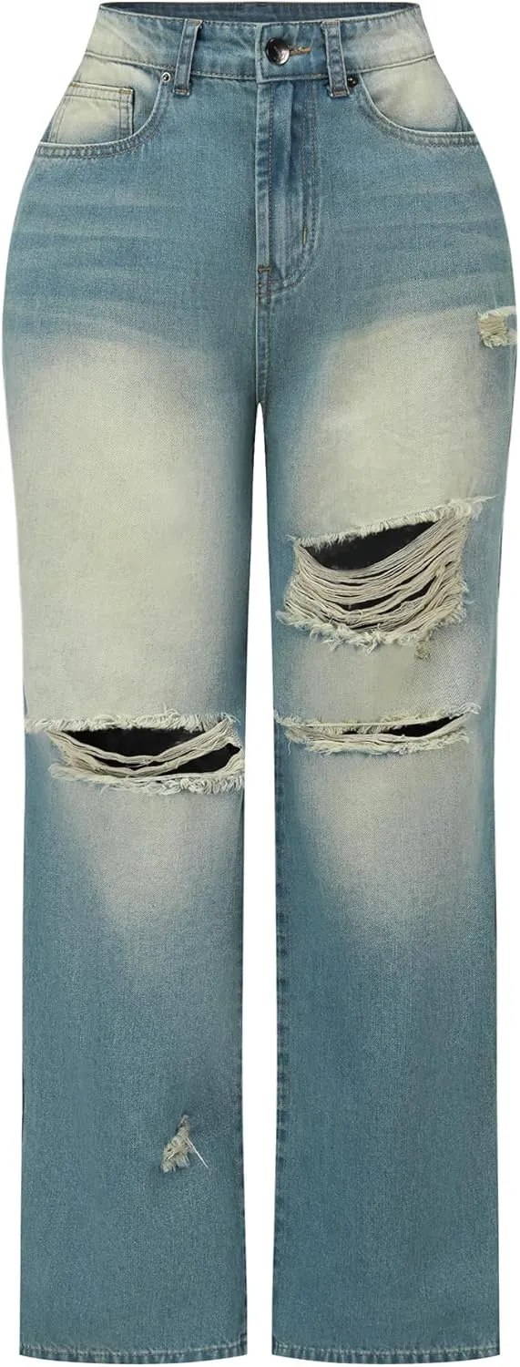 THUNDER STAR Womens High Waisted Wide Leg Jeans Stretchy Distressed Denim Pants