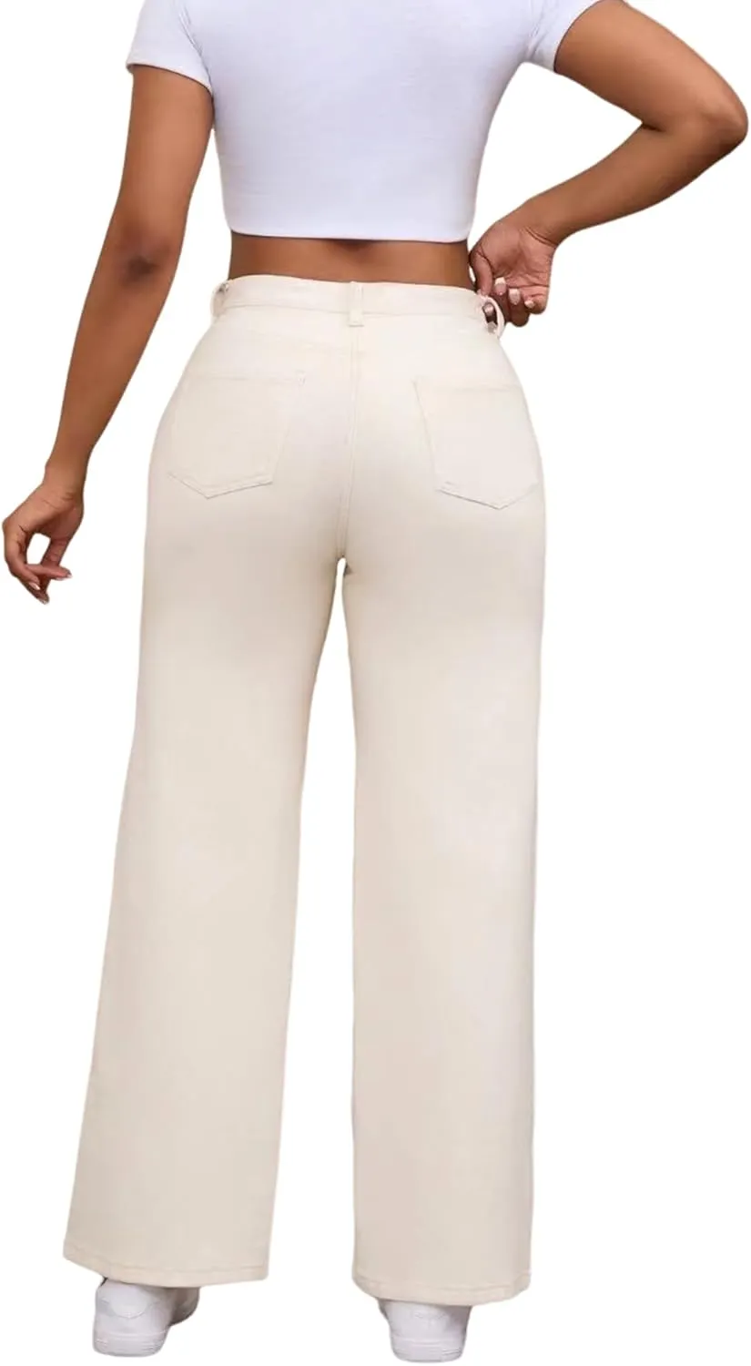 THUNDER STAR Womens High Waisted Wide Leg Jeans Stretchy Distressed Denim Pants