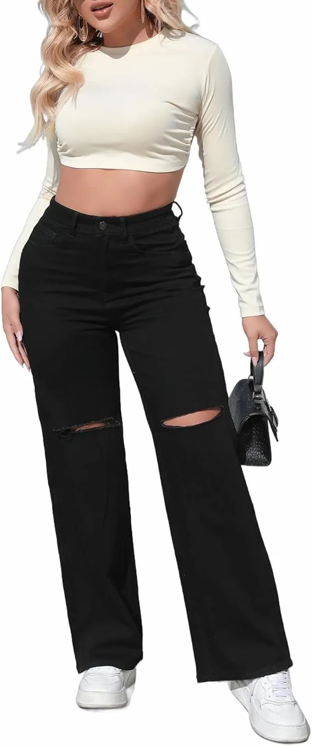 THUNDER STAR Womens High Waisted Wide Leg Jeans Stretchy Distressed Denim Pants
