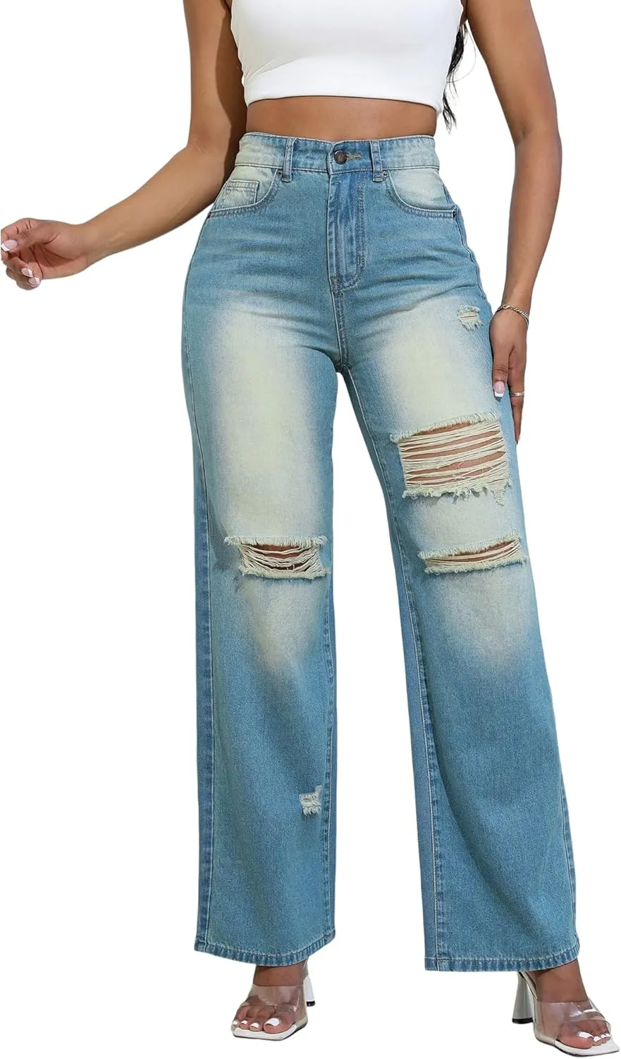 THUNDER STAR Womens High Waisted Wide Leg Jeans Stretchy Distressed Denim Pants
