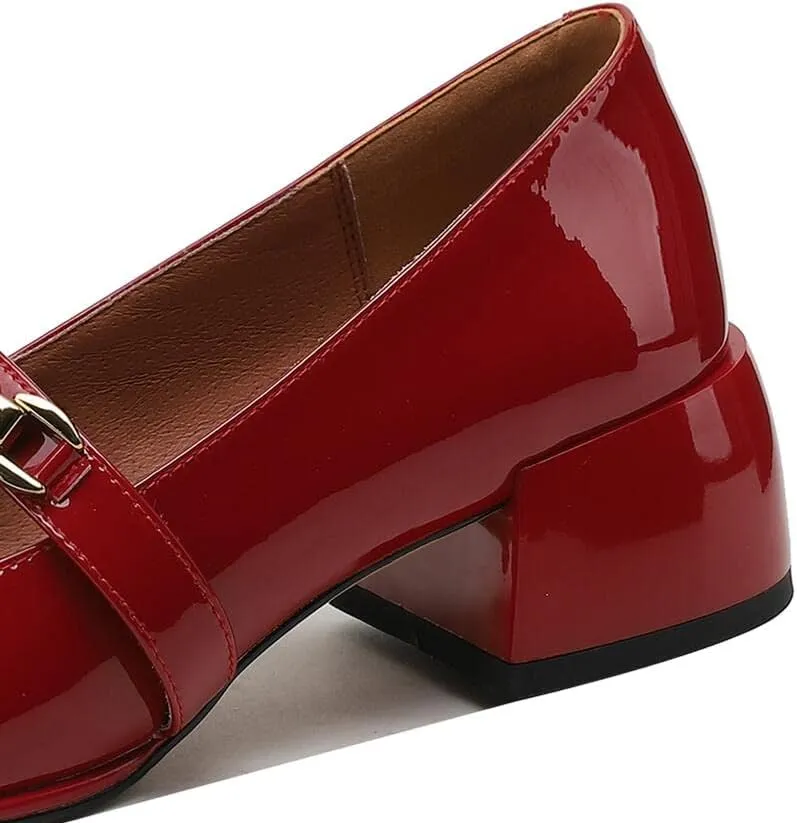 TinaCus Handmade Women's Patent Leather Chain T-Strap Square Toe Low Chunky Heel Mary Janes Pumps Shoes
