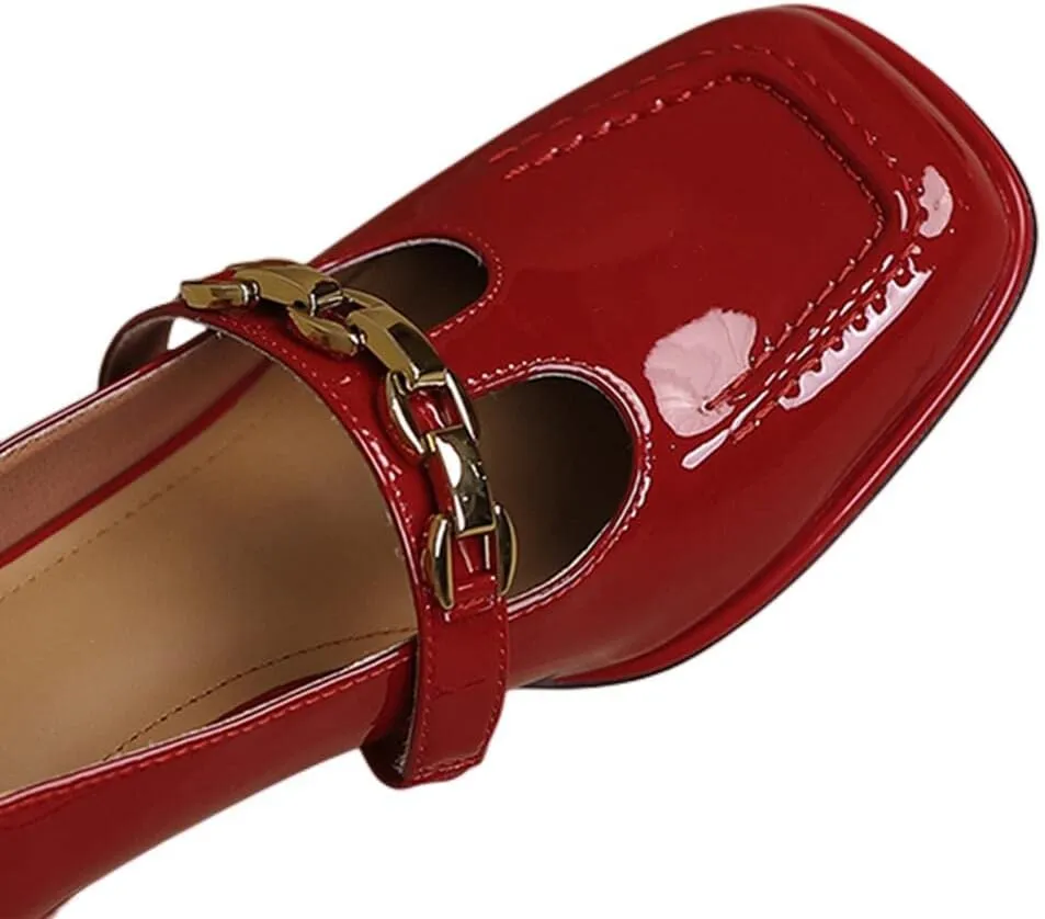 TinaCus Handmade Women's Patent Leather Chain T-Strap Square Toe Low Chunky Heel Mary Janes Pumps Shoes