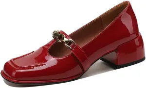 TinaCus Handmade Women's Patent Leather Chain T-Strap Square Toe Low Chunky Heel Mary Janes Pumps Shoes