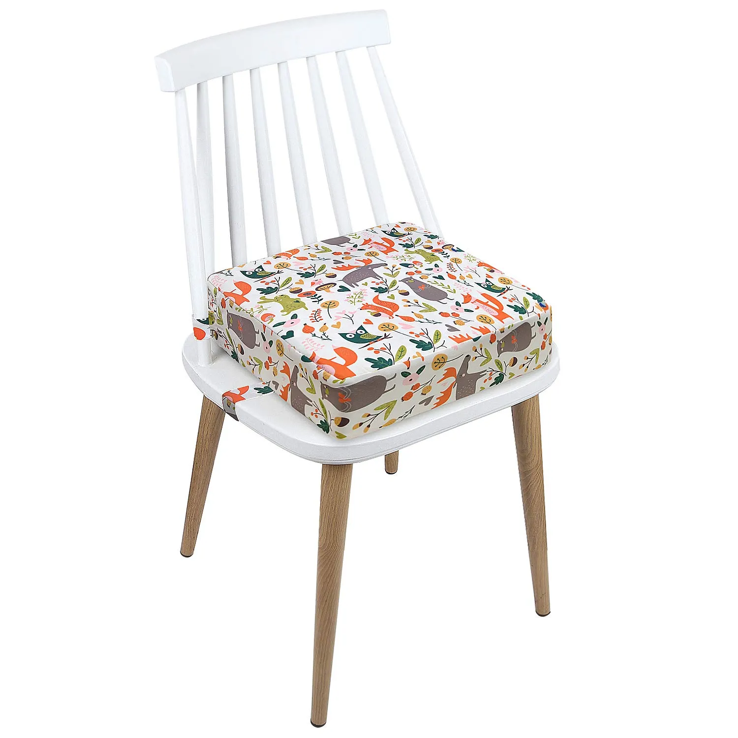 Toddler Booster Seat Dining, Cartoon Canvas Washable 2 Straps Safety Buckle Kids Booster Seat for Dining Table, Portable Travel Increasing Cushion (Animals-White)