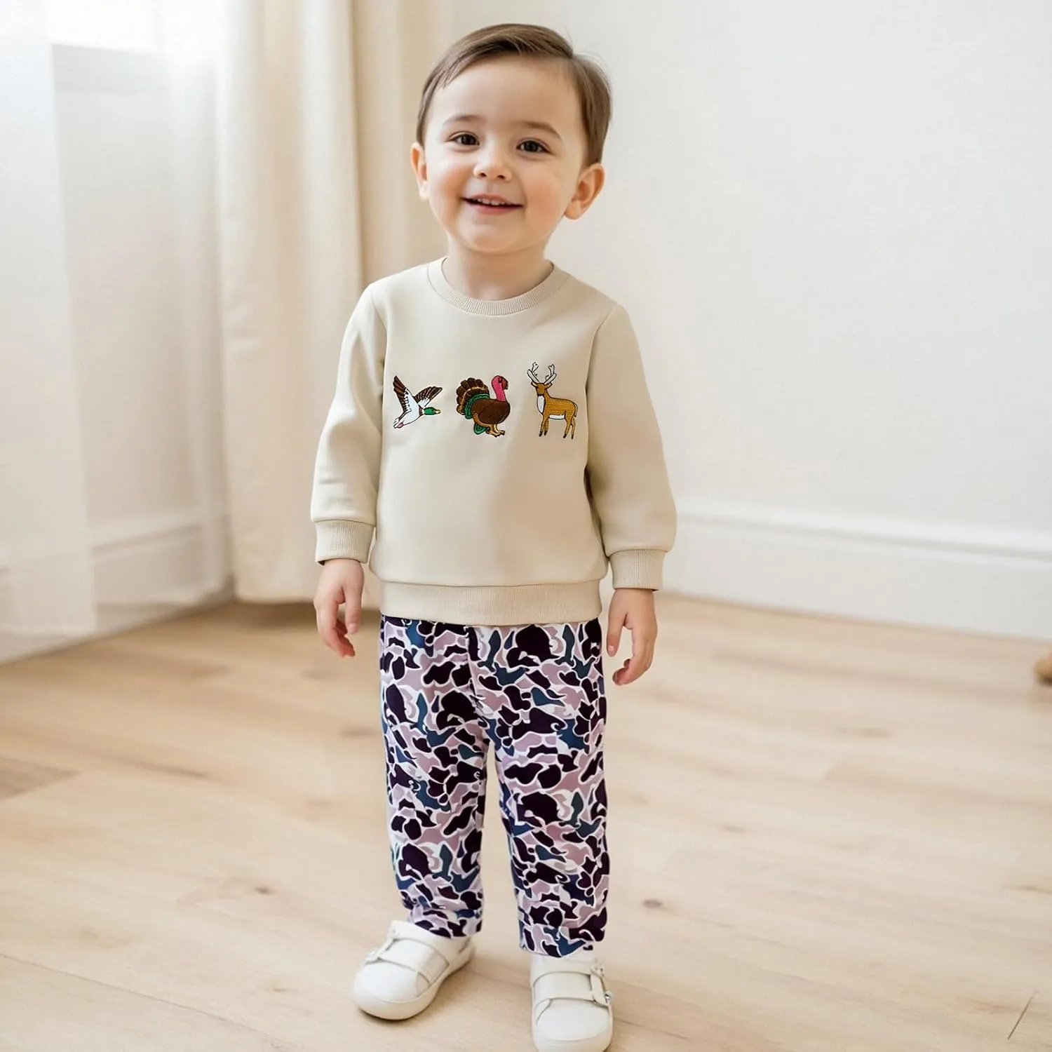 Toddler Boy Fall Winter Clothes Baby Camo Outfits Retro Duck Embroidery Hunting Sweatshirts   Camouflage Pants Set