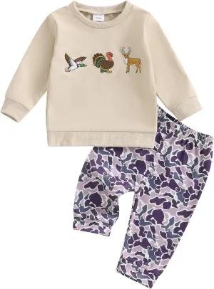 Toddler Boy Fall Winter Clothes Baby Camo Outfits Retro Duck Embroidery Hunting Sweatshirts   Camouflage Pants Set