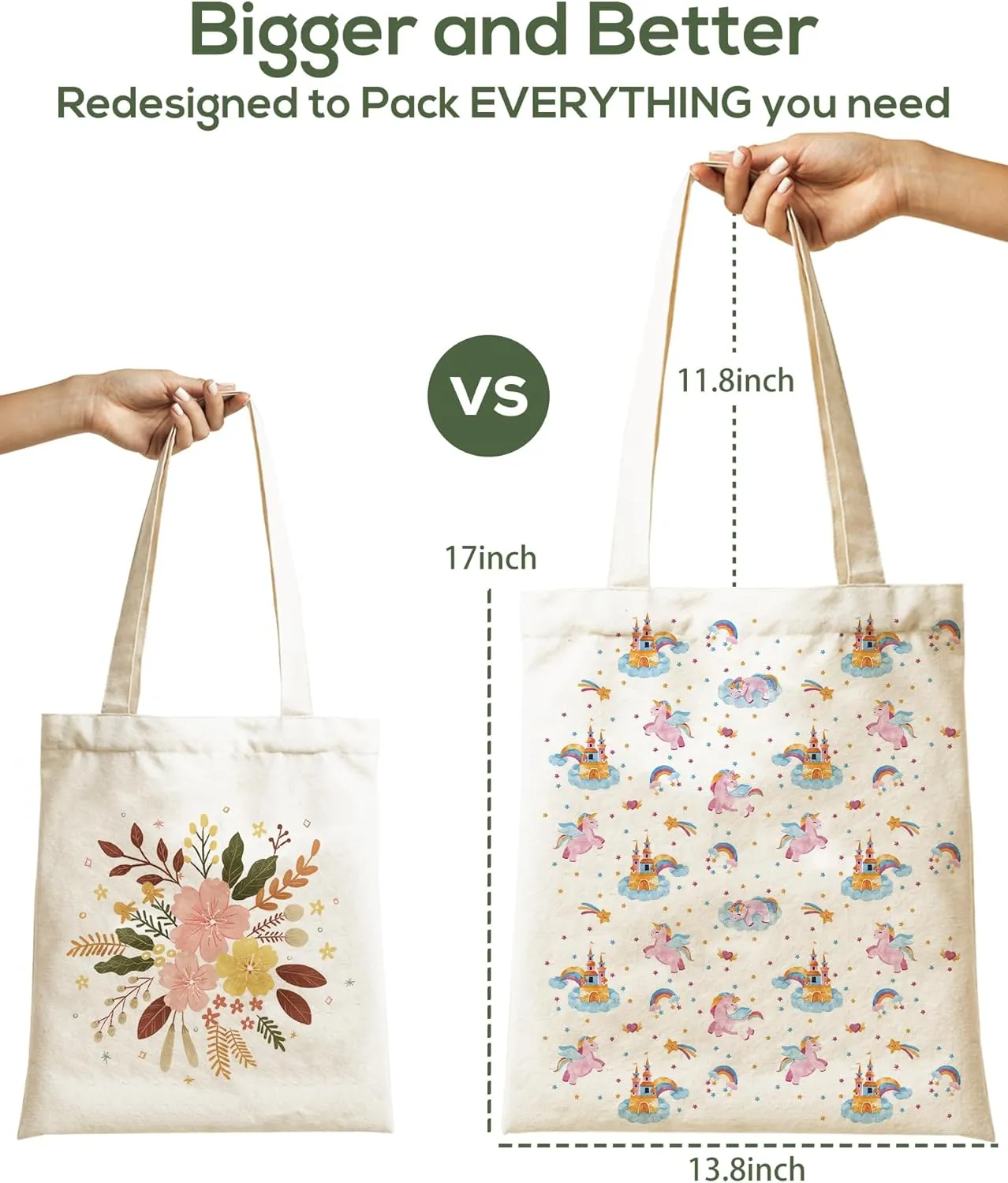 Tote Bag for Women, Large Two Sided Printing Tote Bags with Zipper, Cute Aesthetic Floral Canvas Tote with Pocket