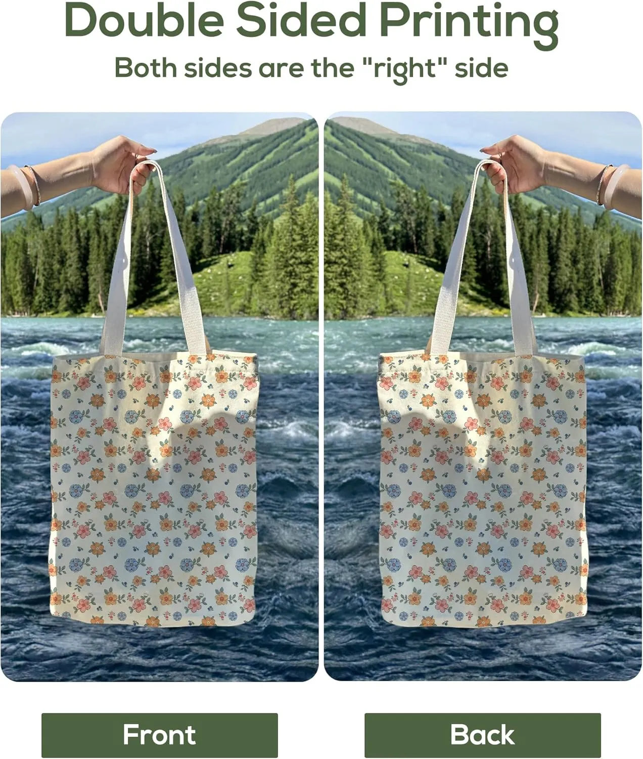 Tote Bag for Women, Large Two Sided Printing Tote Bags with Zipper, Cute Aesthetic Floral Canvas Tote with Pocket