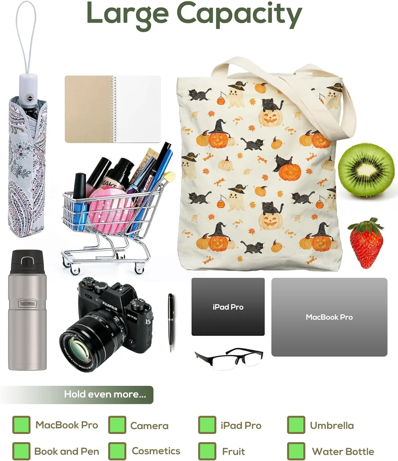 Tote Bag for Women, Large Two Sided Printing Tote Bags with Zipper, Cute Aesthetic Floral Canvas Tote with Pocket