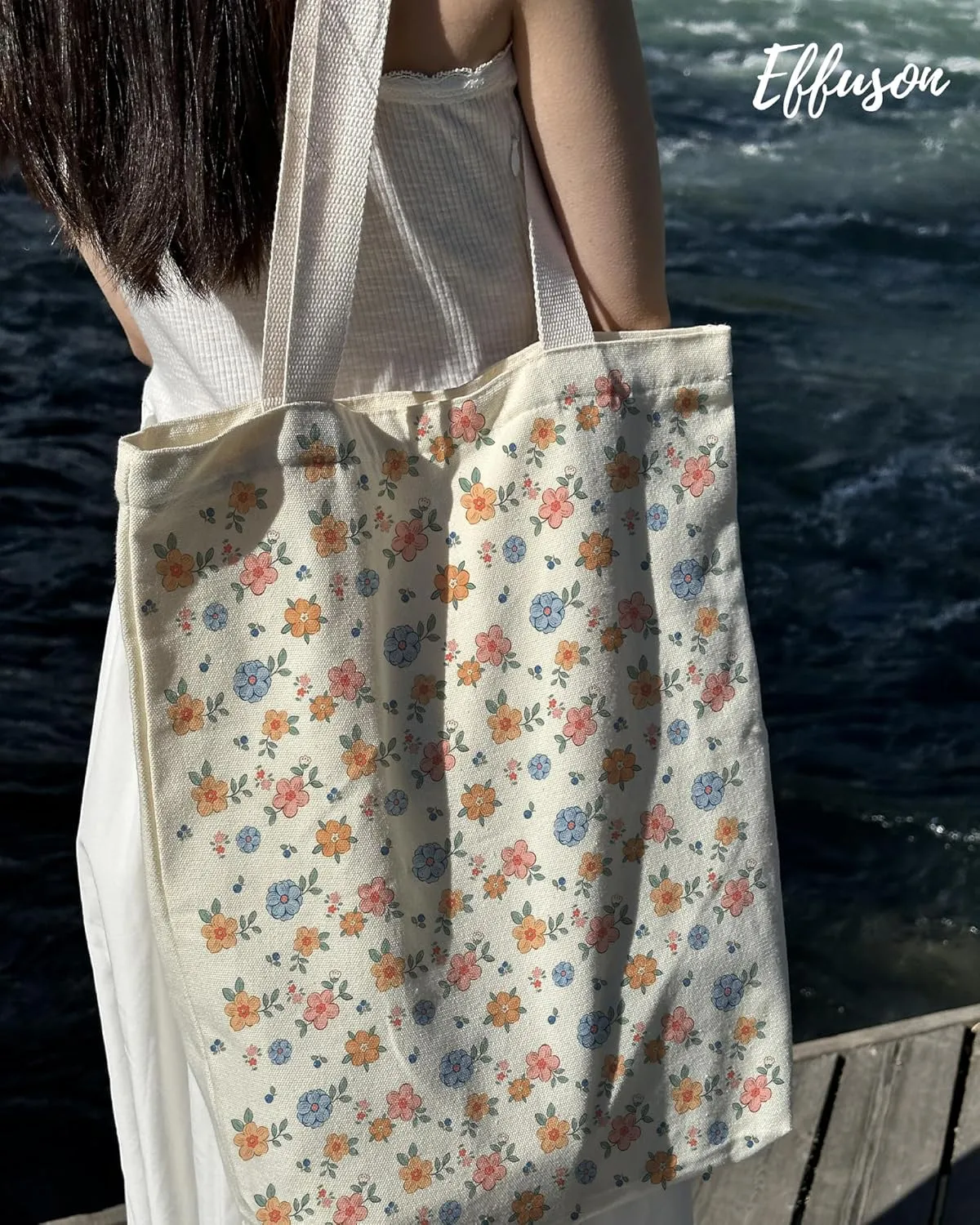 Tote Bag for Women, Large Two Sided Printing Tote Bags with Zipper, Cute Aesthetic Floral Canvas Tote with Pocket
