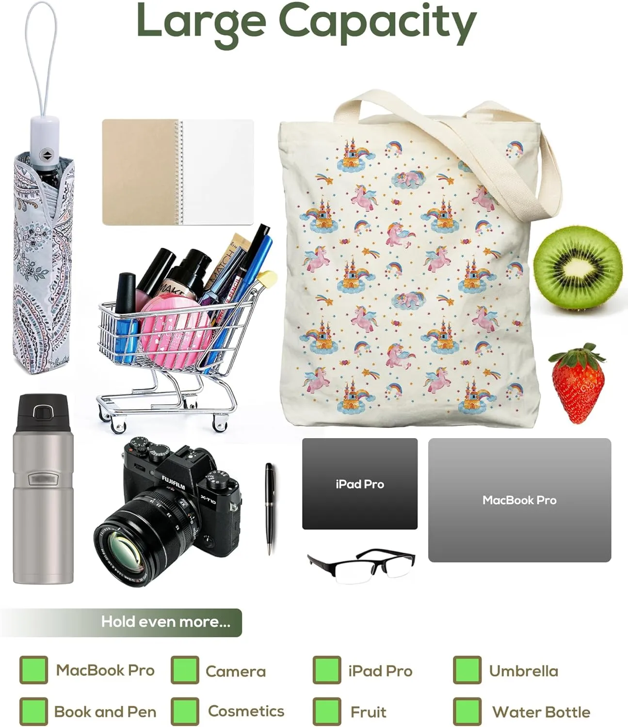 Tote Bag for Women, Large Two Sided Printing Tote Bags with Zipper, Cute Aesthetic Floral Canvas Tote with Pocket