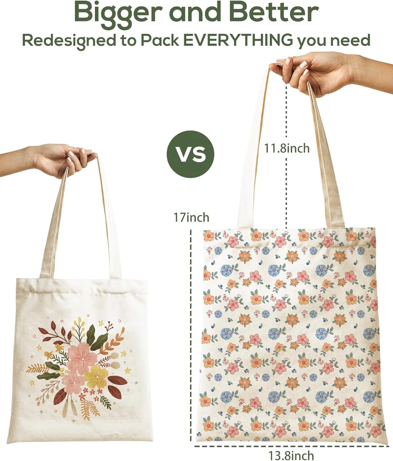 Tote Bag for Women, Large Two Sided Printing Tote Bags with Zipper, Cute Aesthetic Floral Canvas Tote with Pocket