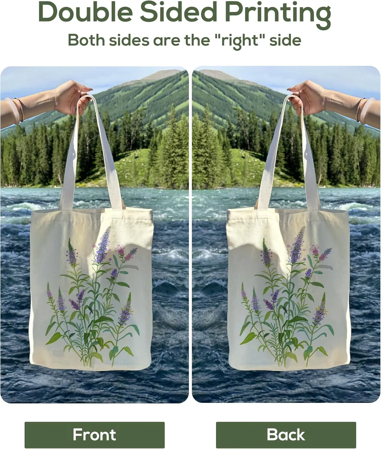 Tote Bag for Women, Large Two Sided Printing Tote Bags with Zipper, Cute Aesthetic Floral Canvas Tote with Pocket