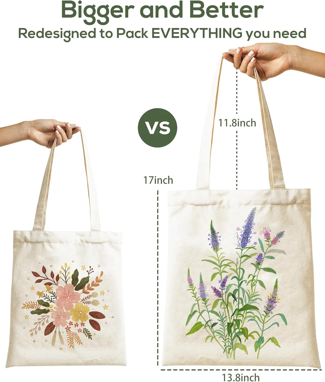 Tote Bag for Women, Large Two Sided Printing Tote Bags with Zipper, Cute Aesthetic Floral Canvas Tote with Pocket