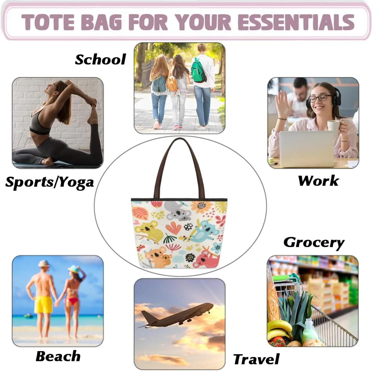 Tote Bag for Women with Zipper Large Capacity Top Handle Casual Shoulder Bag Handbag Reusable Shopping