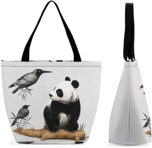 Tote Bag for Women with Zipper Pockets Reusable Grocery Bags Bird Cedar Panda Shopping Bag Large Capacity Handbags