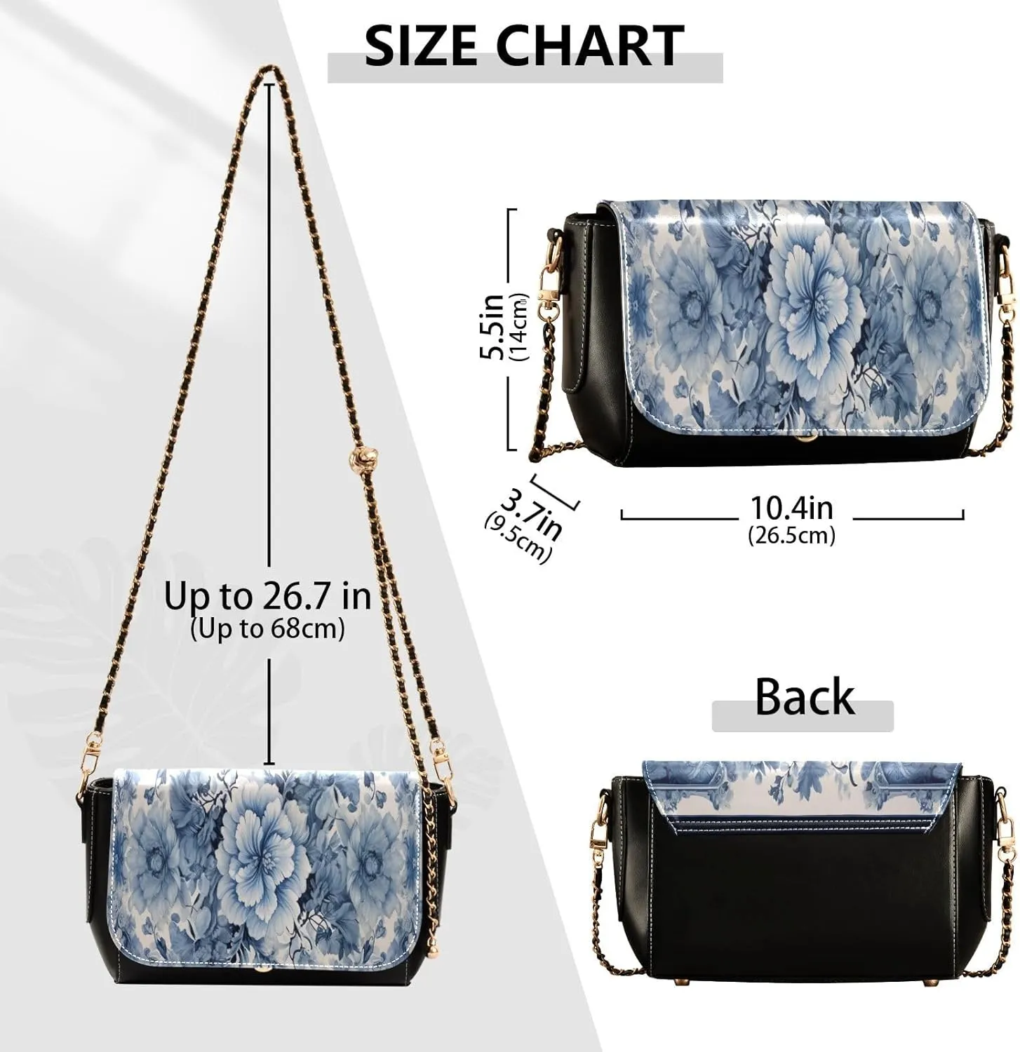 Traditional Oriental Rugbluewhite Crossbody Shoulder Bag with Chain, Women Leather Crossbody Bag, Leather Shoulder Bags