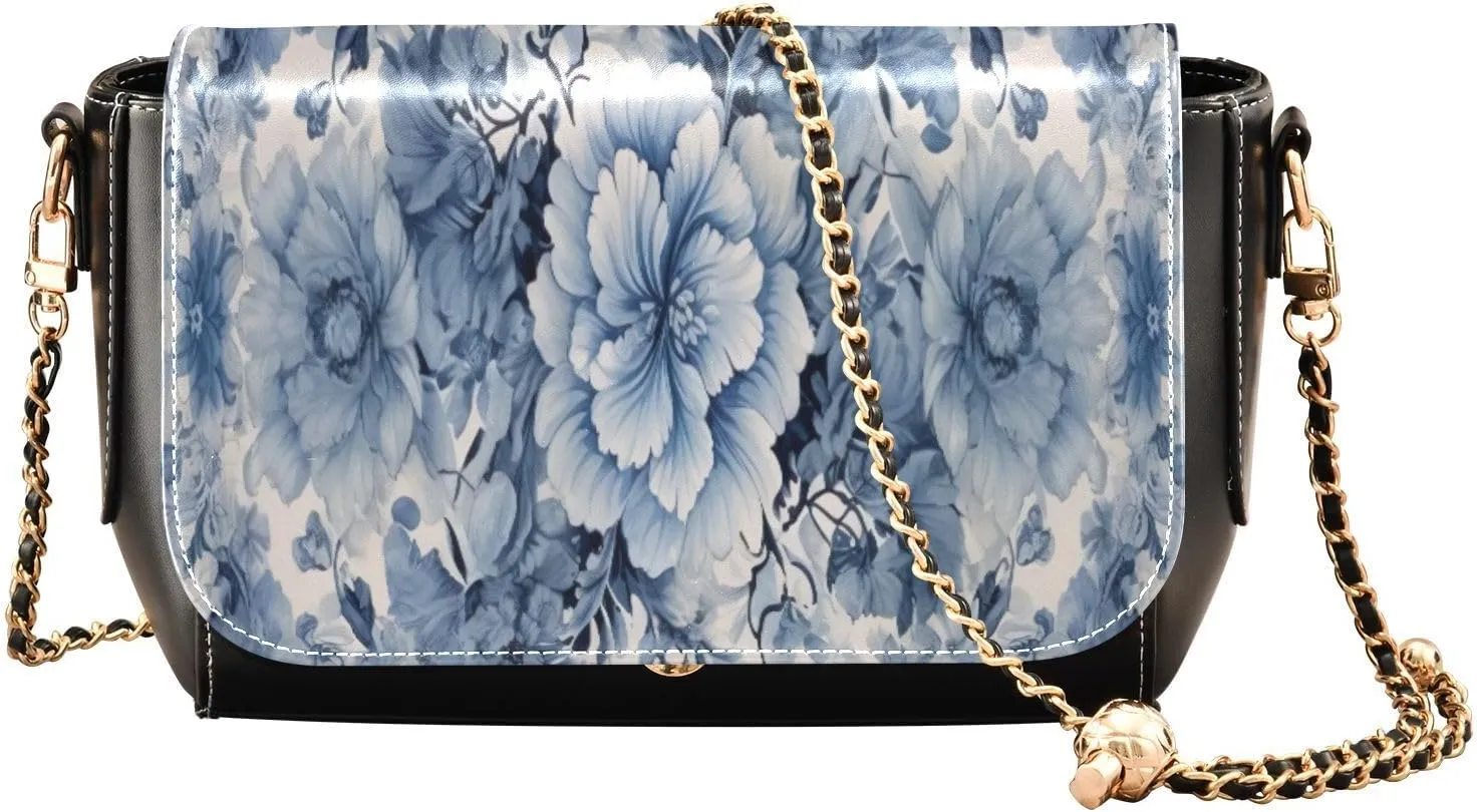 Traditional Oriental Rugbluewhite Crossbody Shoulder Bag with Chain, Women Leather Crossbody Bag, Leather Shoulder Bags