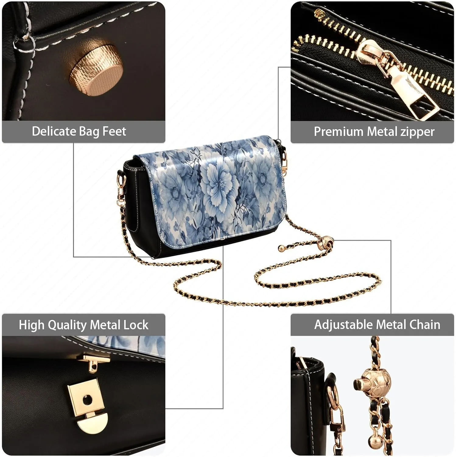 Traditional Oriental Rugbluewhite Crossbody Shoulder Bag with Chain, Women Leather Crossbody Bag, Leather Shoulder Bags