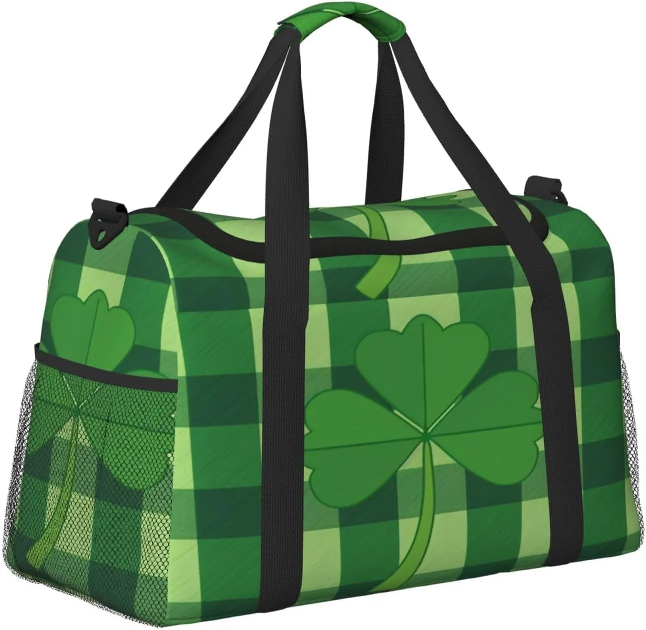 Travel Duffel Bag For Men Women, Saint Patrick'S Clover Green Buffalo Paid Carry On Sport Gym Bag With Shoulder Strap Lightweight Waterproof Weekender Bag Overnight Bag