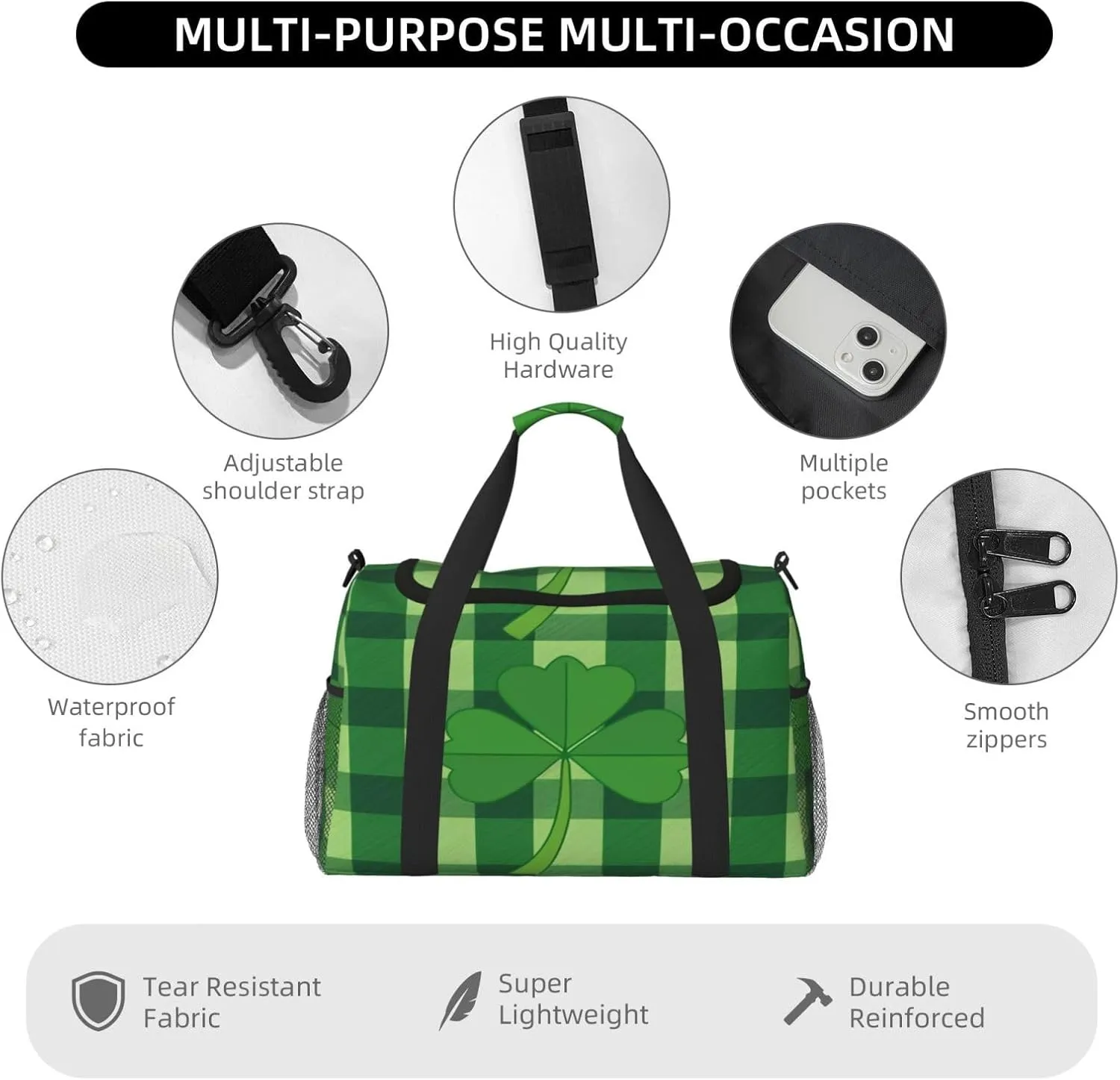 Travel Duffel Bag For Men Women, Saint Patrick'S Clover Green Buffalo Paid Carry On Sport Gym Bag With Shoulder Strap Lightweight Waterproof Weekender Bag Overnight Bag