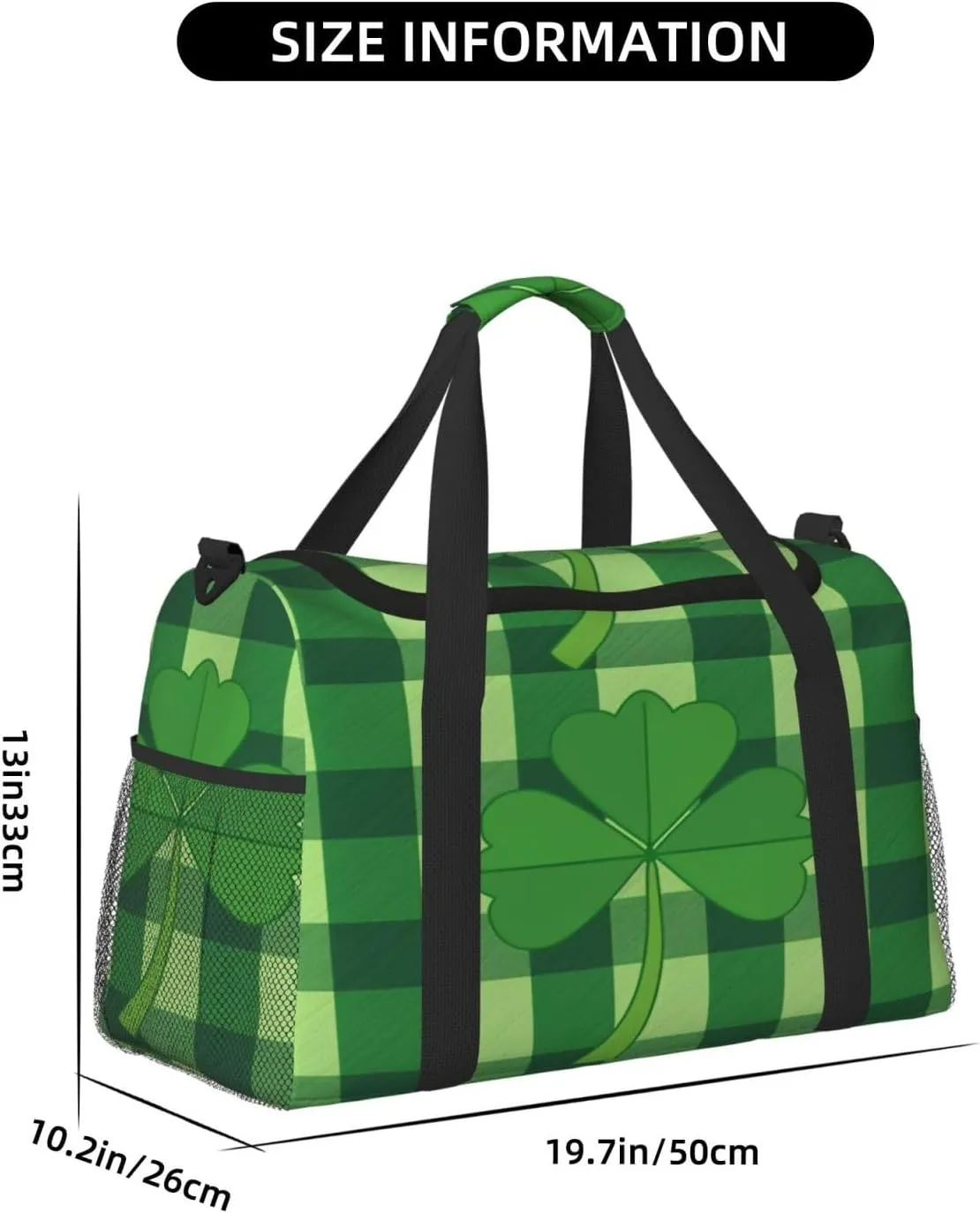 Travel Duffel Bag For Men Women, Saint Patrick'S Clover Green Buffalo Paid Carry On Sport Gym Bag With Shoulder Strap Lightweight Waterproof Weekender Bag Overnight Bag
