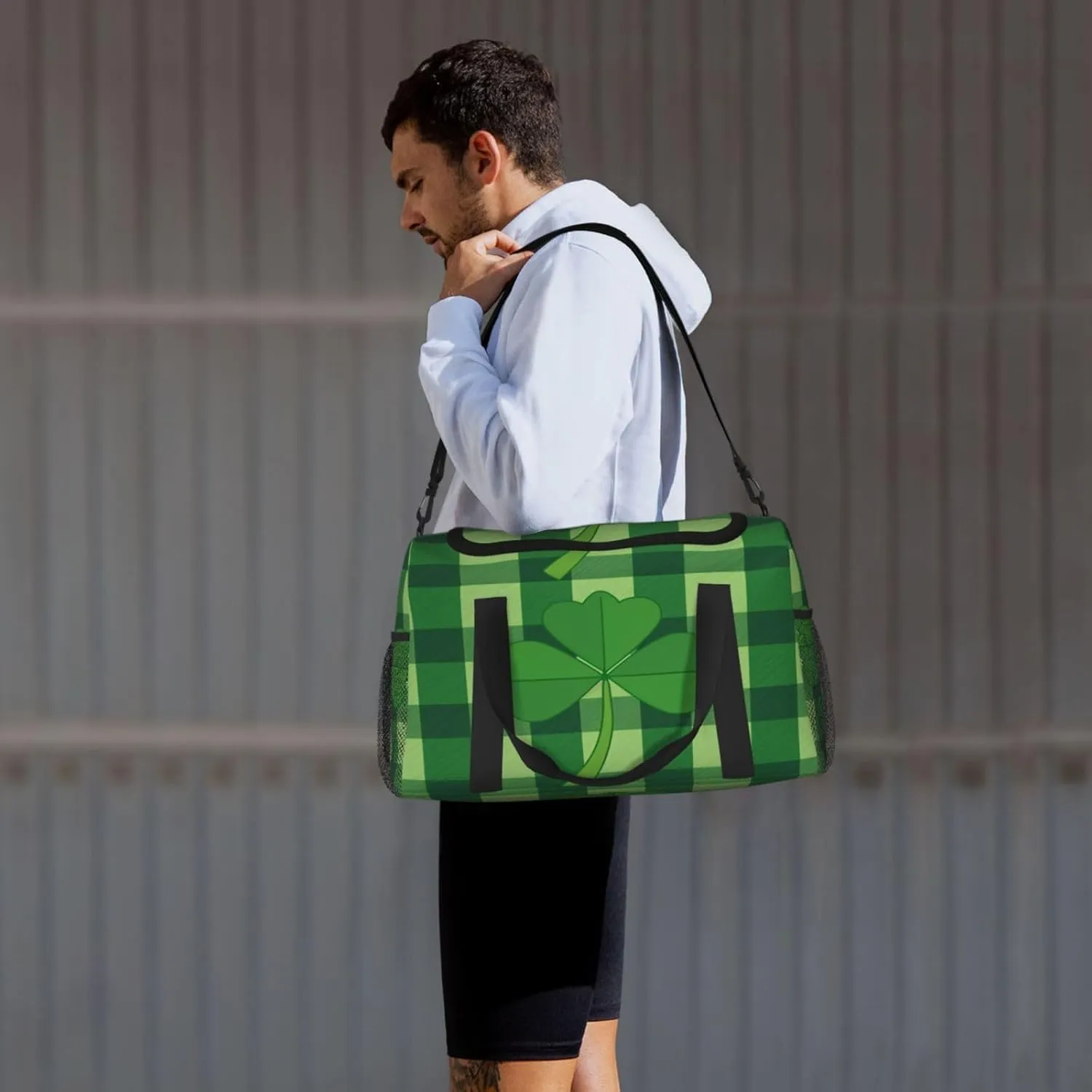 Travel Duffel Bag For Men Women, Saint Patrick'S Clover Green Buffalo Paid Carry On Sport Gym Bag With Shoulder Strap Lightweight Waterproof Weekender Bag Overnight Bag