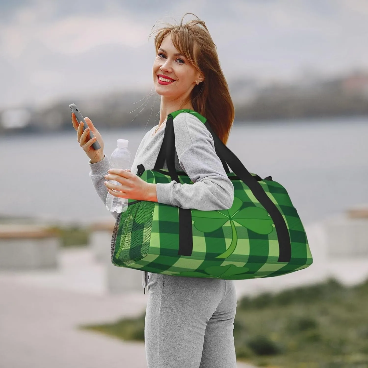 Travel Duffel Bag For Men Women, Saint Patrick'S Clover Green Buffalo Paid Carry On Sport Gym Bag With Shoulder Strap Lightweight Waterproof Weekender Bag Overnight Bag