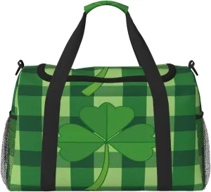 Travel Duffel Bag For Men Women, Saint Patrick'S Clover Green Buffalo Paid Carry On Sport Gym Bag With Shoulder Strap Lightweight Waterproof Weekender Bag Overnight Bag