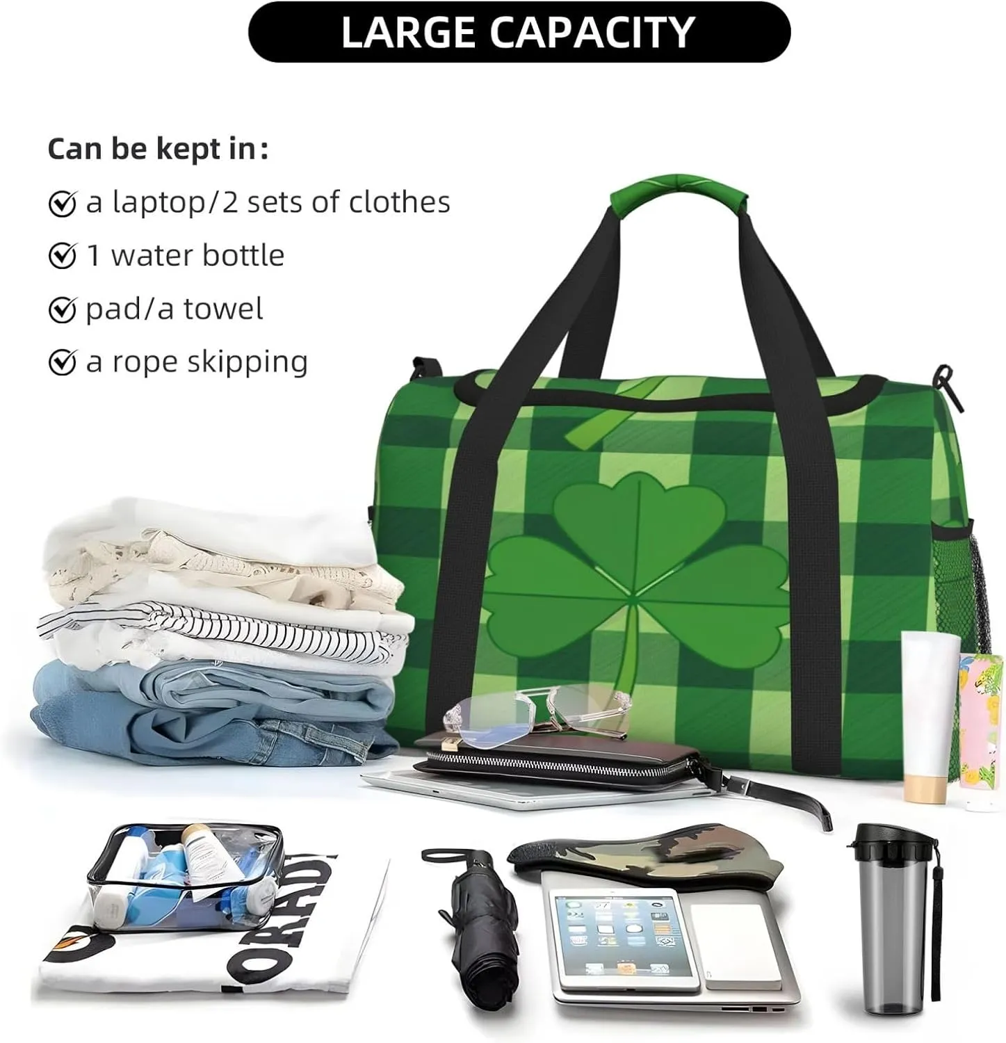 Travel Duffel Bag For Men Women, Saint Patrick'S Clover Green Buffalo Paid Carry On Sport Gym Bag With Shoulder Strap Lightweight Waterproof Weekender Bag Overnight Bag