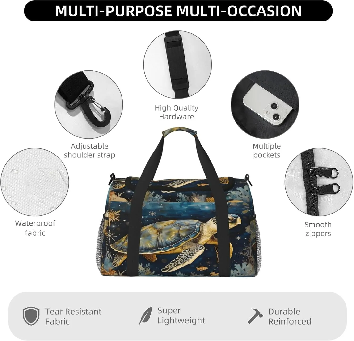 Travel Duffel Bag For Men Women, Underwater Sea Turtle Carry On Sport Gym Bag With Shoulder Strap Lightweight Waterproof Weekender Bag Overnight Bag