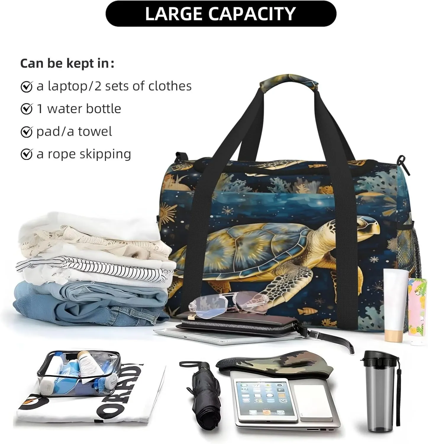 Travel Duffel Bag For Men Women, Underwater Sea Turtle Carry On Sport Gym Bag With Shoulder Strap Lightweight Waterproof Weekender Bag Overnight Bag