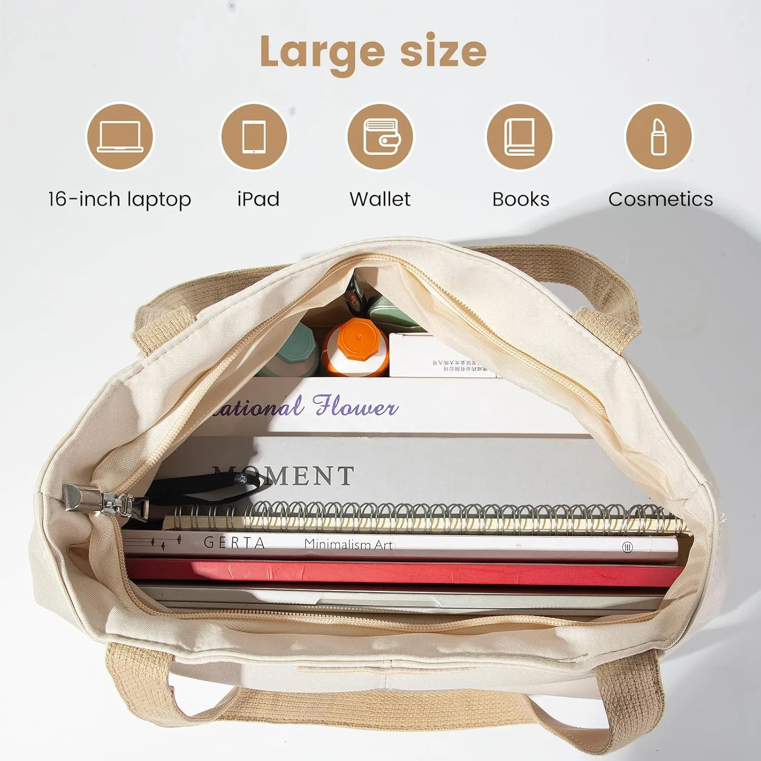 Travel Tote Bag for Women with Zipper， Waterproof Tote Bag for Gym, Shoulder Bag Handbag for Work，Tote Bag for Books