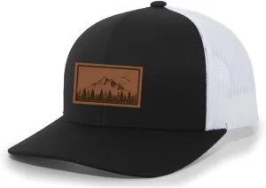 Trenz Shirt Company Mountain Scene Tamarak Pine Forest Laser Engraved Leather Patch Mesh Back Trucker Ha