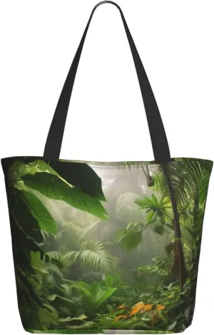 Tropical Rainforest Jungle Scene Tote Bag for Women Large Shoulder Bag with Zipper Travel Handbag with Pockets Aesthetic Reusable Shopping Bags