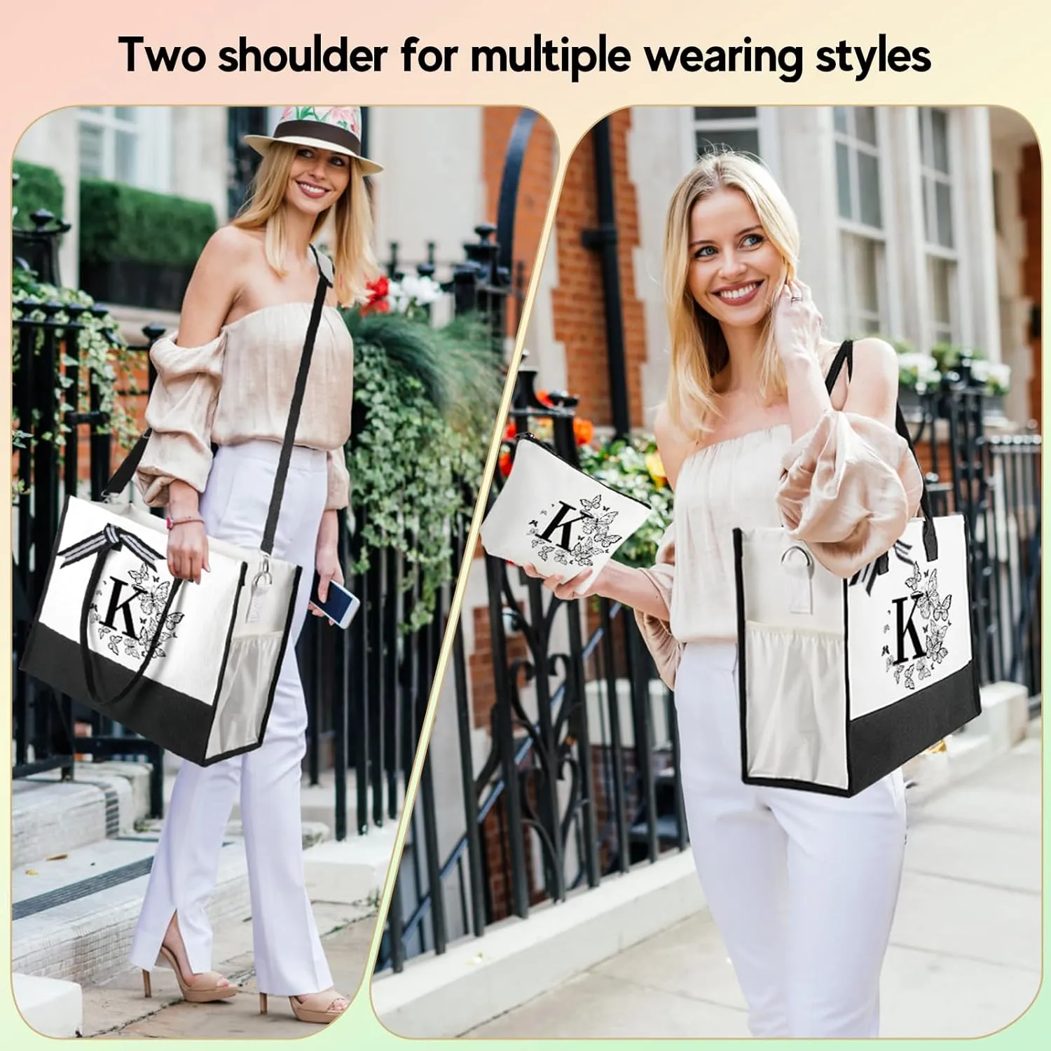 TRSODD Birthday Gifts for Women Mothers Day Gifts for Mom Wife Grandma Daughter Sister Teacher Bridesmaid Initial Tote Bag and Makeup Bag B
