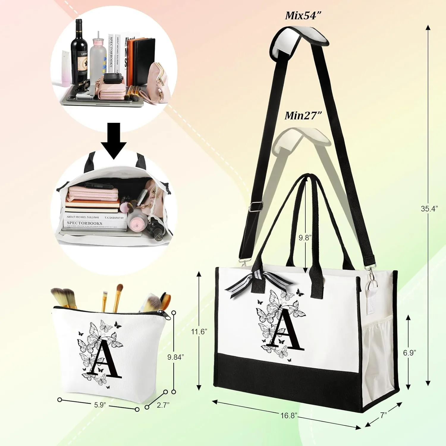 TRSODD Birthday Gifts for Women Mothers Day Gifts for Mom Wife Grandma Daughter Sister Teacher Bridesmaid Initial Tote Bag and Makeup Bag B