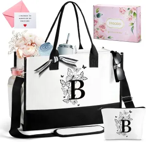 TRSODD Birthday Gifts for Women Mothers Day Gifts for Mom Wife Grandma Daughter Sister Teacher Bridesmaid Initial Tote Bag and Makeup Bag B