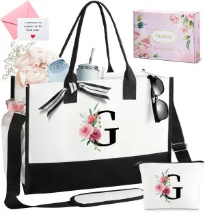 TRSODD Birthday Gifts for Women Mothers Day Gifts for Mom Wife Grandma Daughter Sister Teacher Initial Tote Bag and Makeup Bag