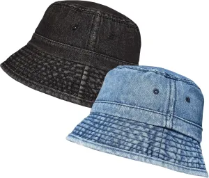 TSSGBL 2 Pack Cotton Denim Bucket Hats Vintage Washed Packable Summer Trendy Beach Travel Sun Caps for Women Men