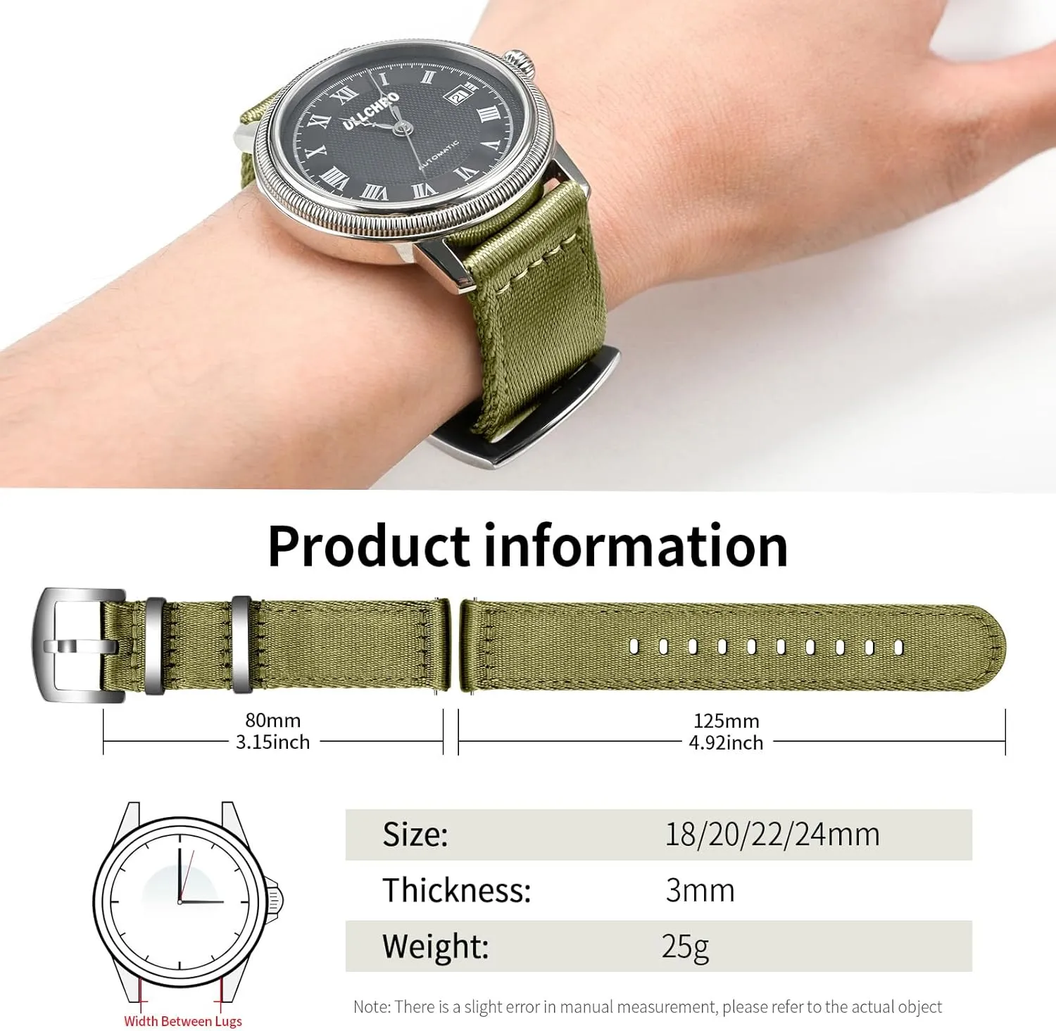 ULLCHRO Nylon Watch Strap Replacement Canvas Watch Band Military Army Men Women - 18mm, 20mm, 22mm, 24mm Watch Bracelet with Stainless Steel Silver Buckle