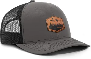 Unplug Mountain Leather Patch Trucker Hat - Adjustable Fit Cotton Snapback Hat - Breathable Mesh Side for Casual Wear