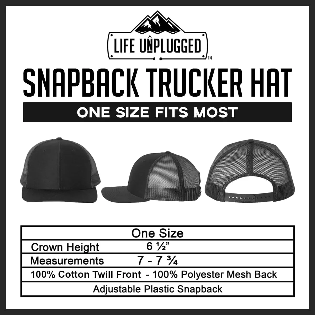 Unplug Mountain Leather Patch Trucker Hat - Adjustable Fit Cotton Snapback Hat - Breathable Mesh Side for Casual Wear