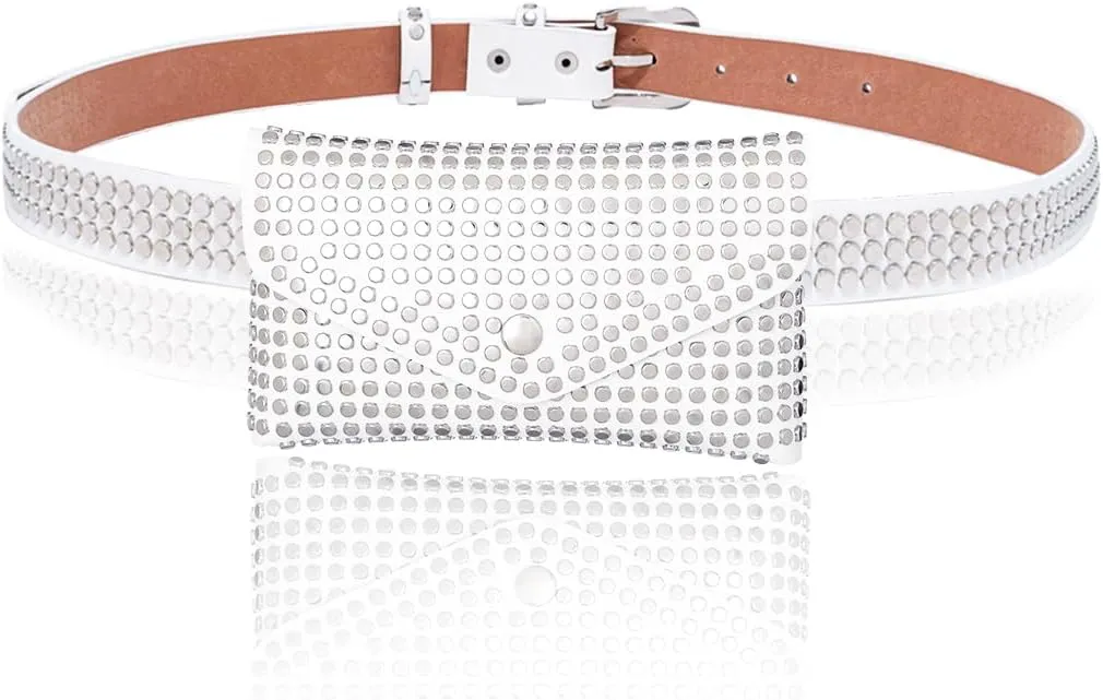 Urieo Leather Belt Bag White Small Fanny Pack Studded Waist Pack Daily Travel for Women