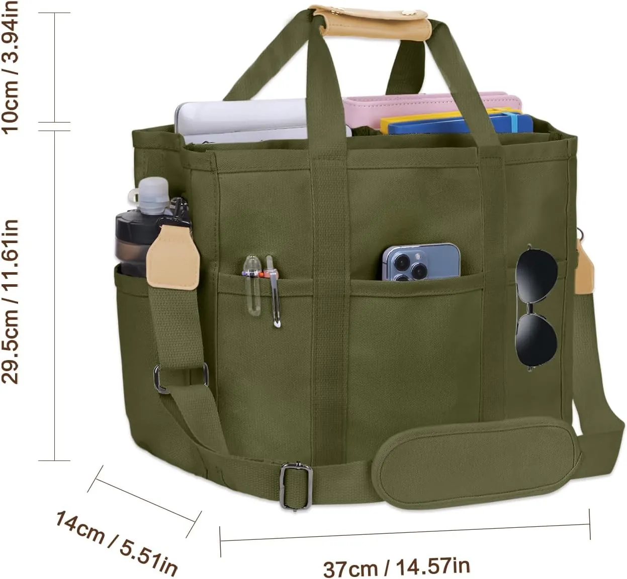 Utility Large Canvas Tote Bag with 13 Pockets Compartments, Multi Crossbody Tote Bag Work Shoulder Bag Travel Bag