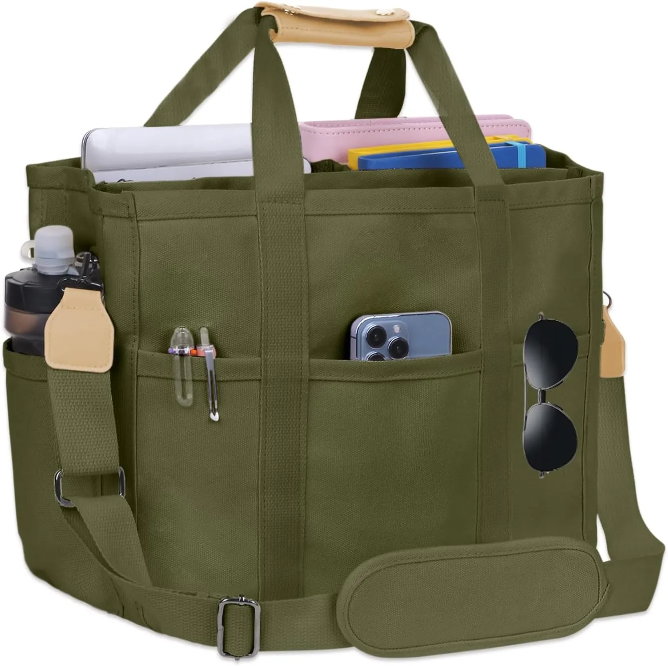 Utility Large Canvas Tote Bag with 13 Pockets Compartments, Multi Crossbody Tote Bag Work Shoulder Bag Travel Bag