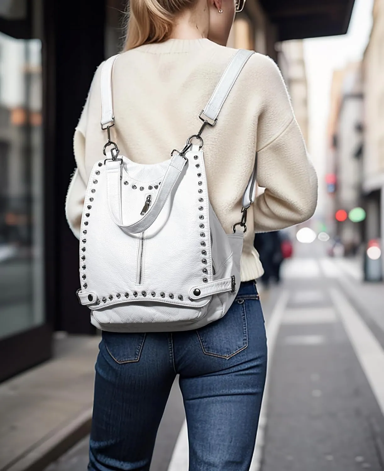 UTO Women Backpack Purse PU Washed Leather Rivet Studded Convertible Ladies Rucksack Shoulder Bag