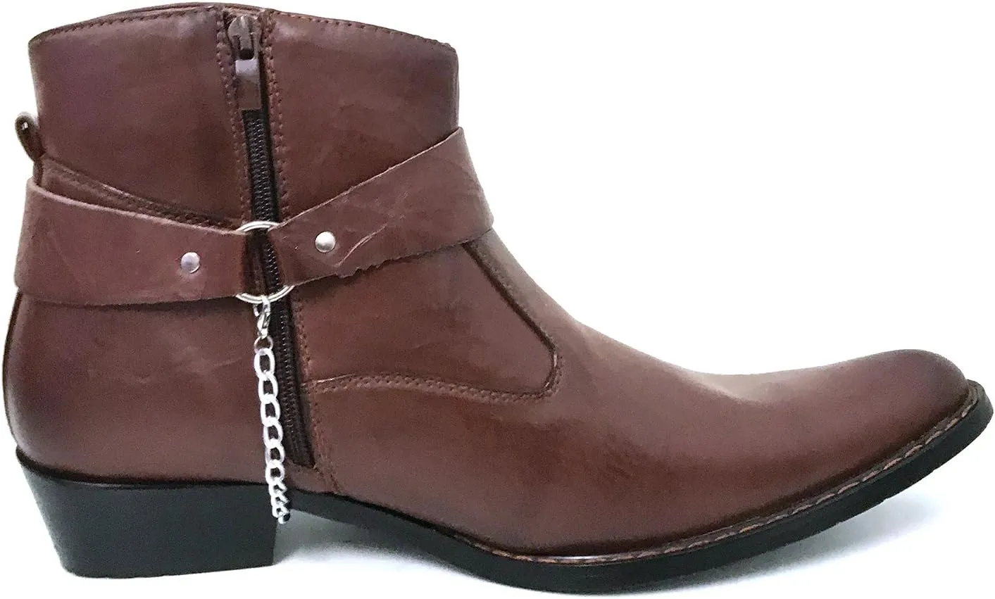 V1A055S Men's Cowboy Ankle Boots Western Leather Lining Harness Strap Chain Side Zipper Shoes