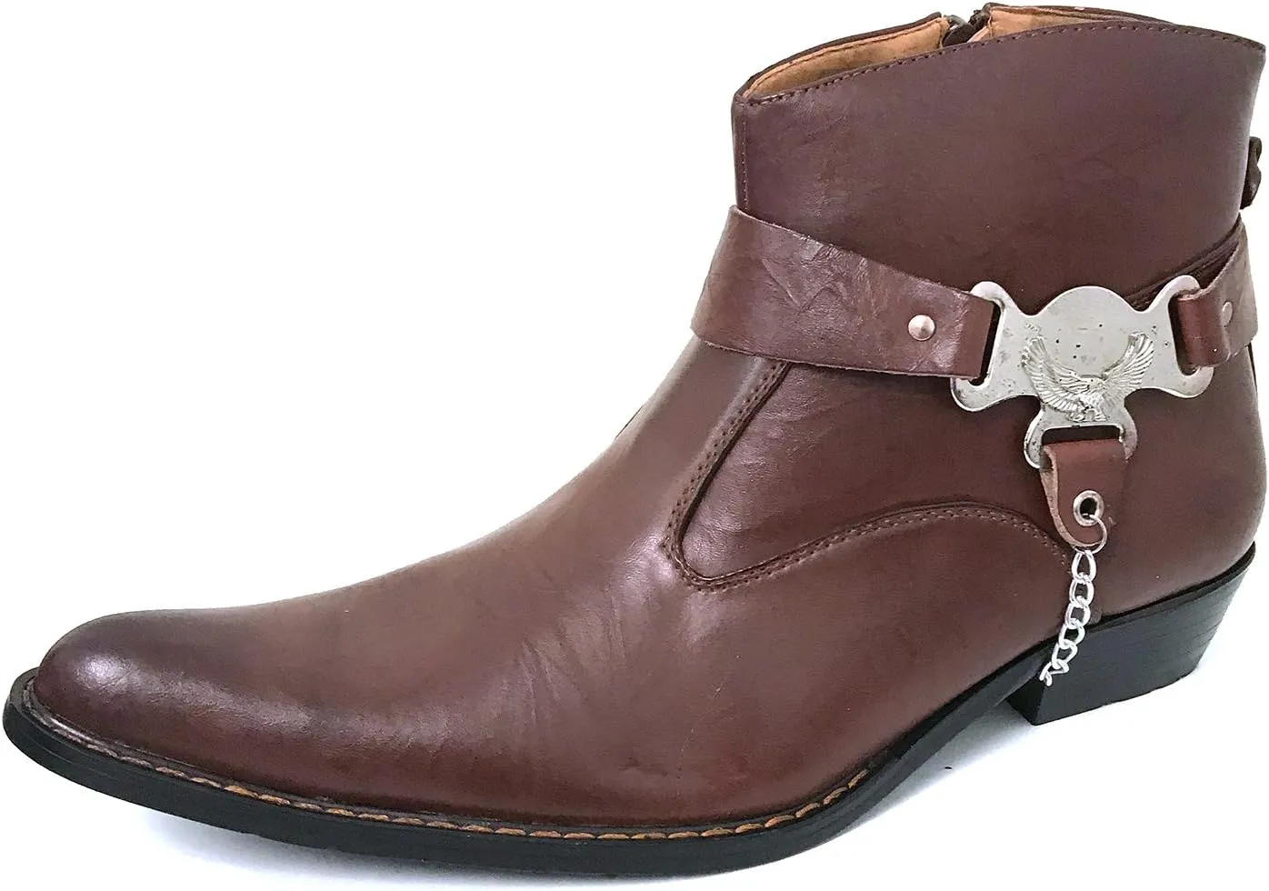 V1A055S Men's Cowboy Ankle Boots Western Leather Lining Harness Strap Chain Side Zipper Shoes
